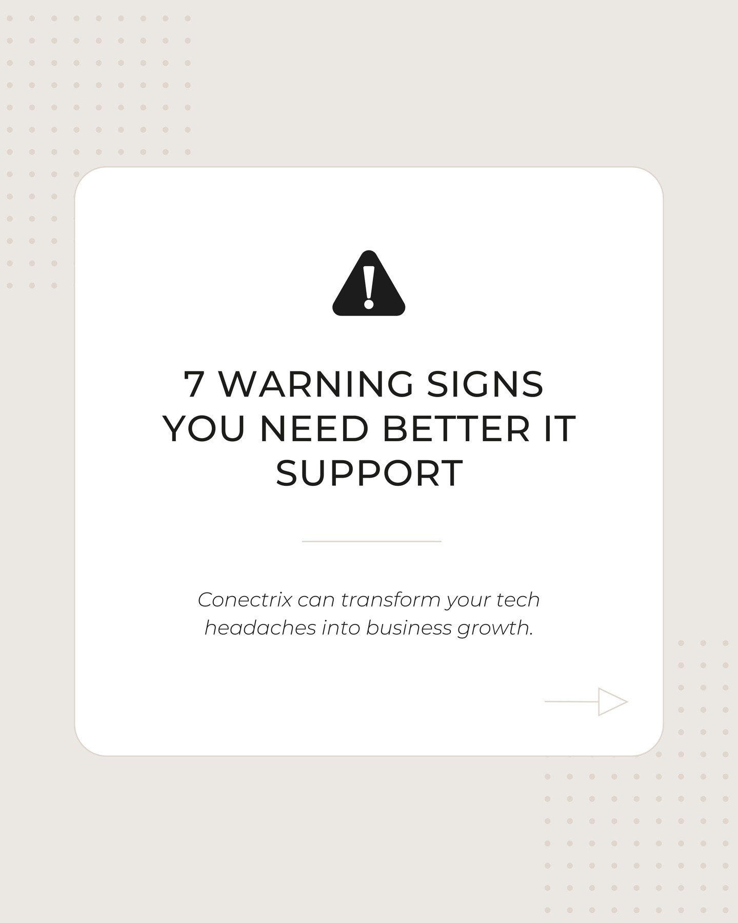Recognize these signs in your business? ⚠️📉⁠
⁠
Slow systems, unclear security, constant connectivity issues they aren&rsquo;t just inconveniences. They&rsquo;re warning signs your IT environment needs expert support. ⁠
⁠
🤝🏼Conectrix helps business