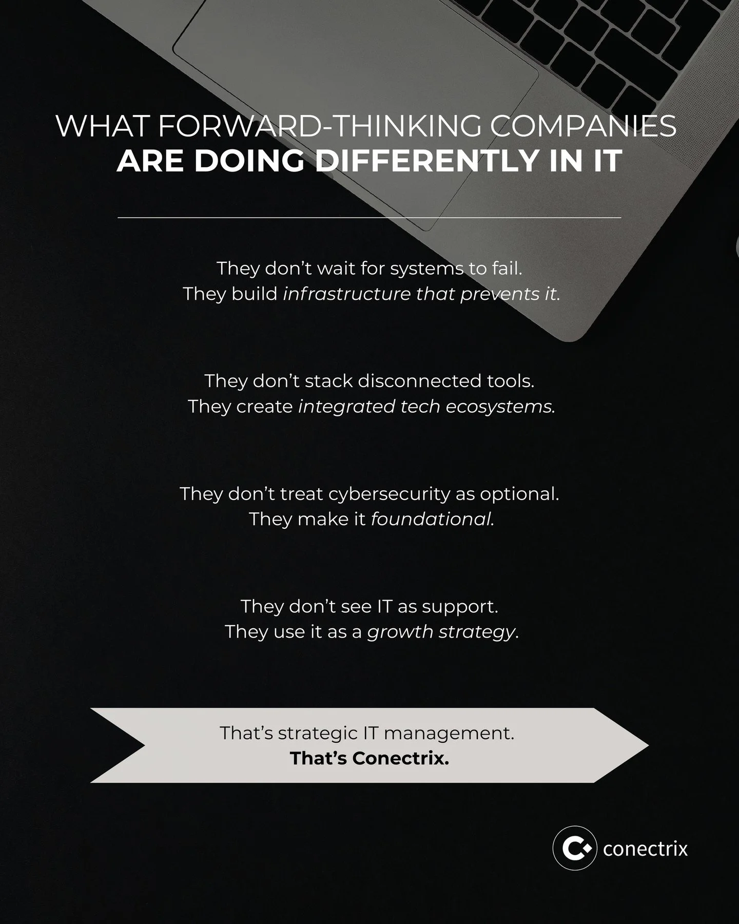 Forward-thinking companies understand something critical:⁠
Technology should accelerate growth, not slow it down. ⬆️⁠
⁠
The difference isn&rsquo;t budget. It&rsquo;s strategy. 📈🔐 ⁠
⁠
If your IT feels reactive instead of proactive, it might be time 