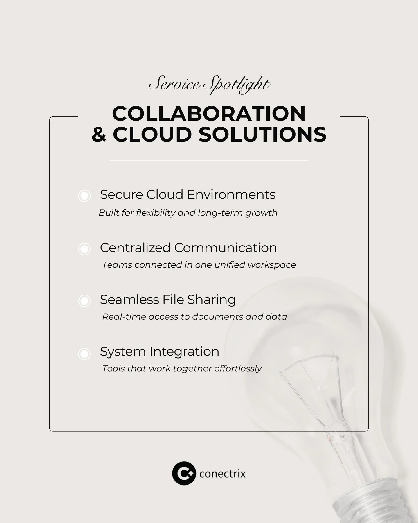 ☁️ Service Spotlight: Collaboration &amp; Cloud Solutions⁠
⁠
Stronger collaboration starts with the right cloud foundation. Conectrix helps businesses unify communication, streamline workflows, and build secure cloud environments that support growth.