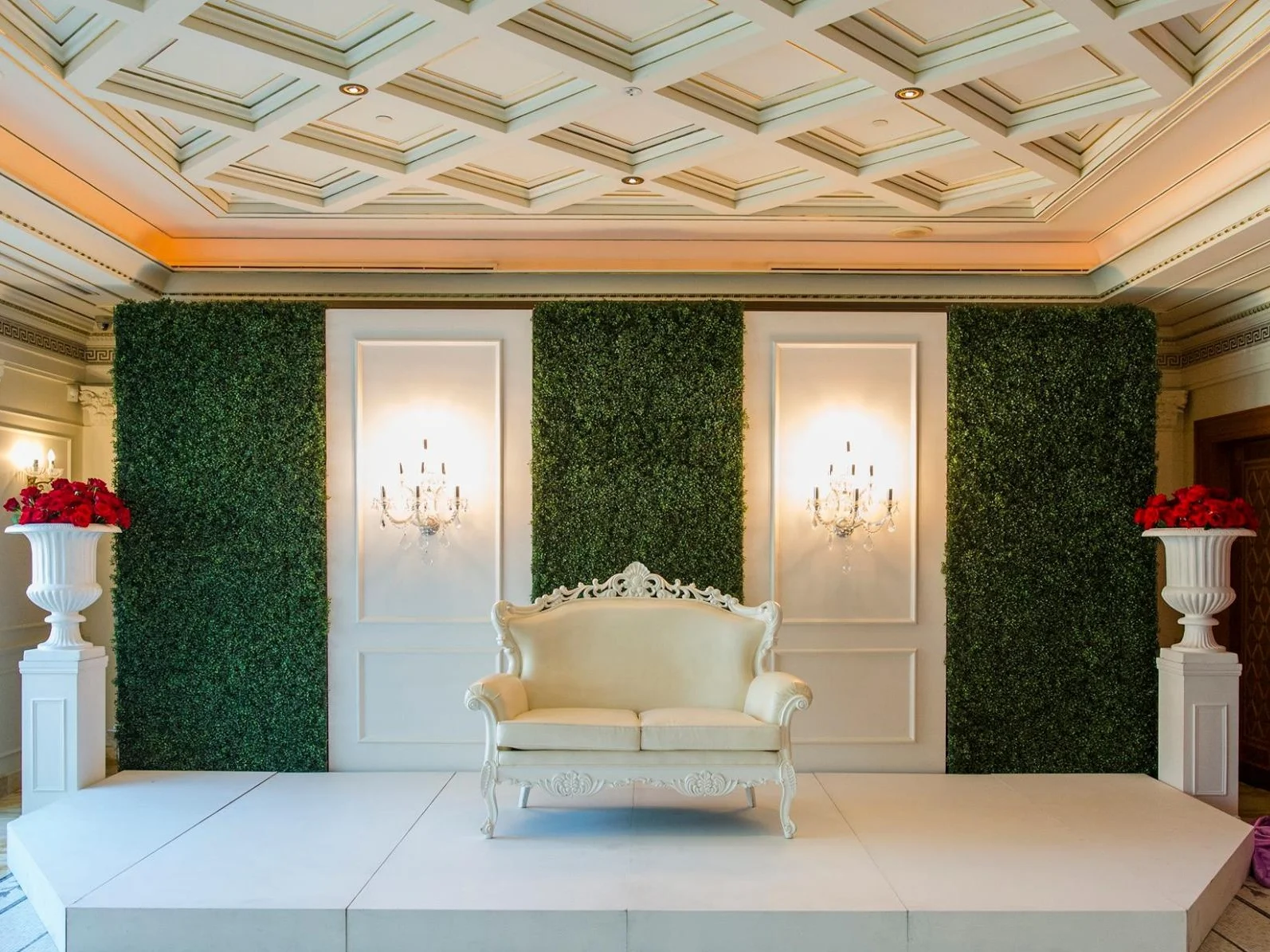 WHITE DECORATIVE PANEL CHANDELIER WALL (1.1 M W X 3 M H) $450+GST | INSTALL + DISMANTLE INCLUDED *PRICE INCLUDES STAGE PIECE THAT THE CHANDELIER WALL MUST BE AFFIXED TO