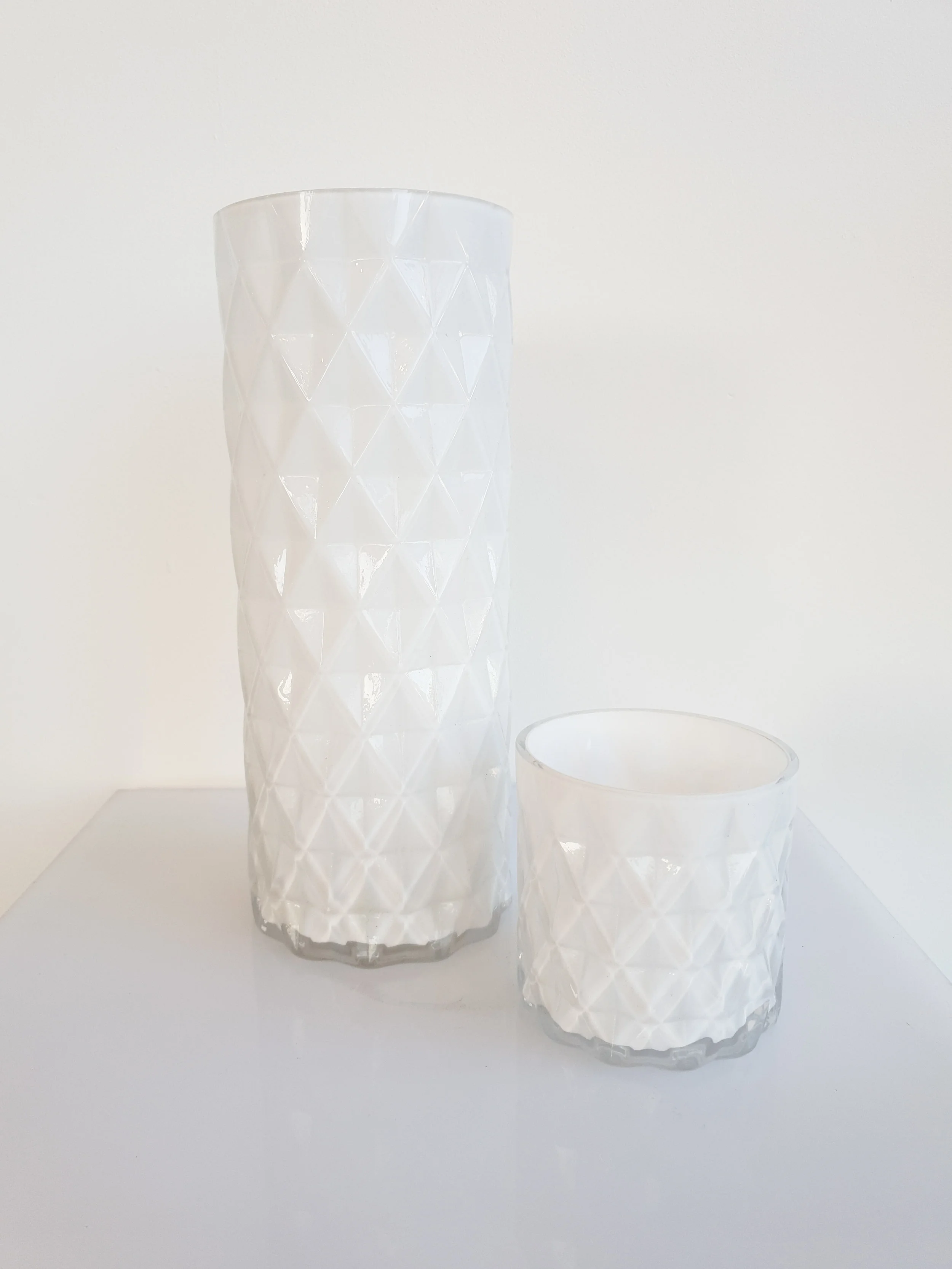 WHITE QUILTED VASES SMALL $5+GST TALL$10+GST