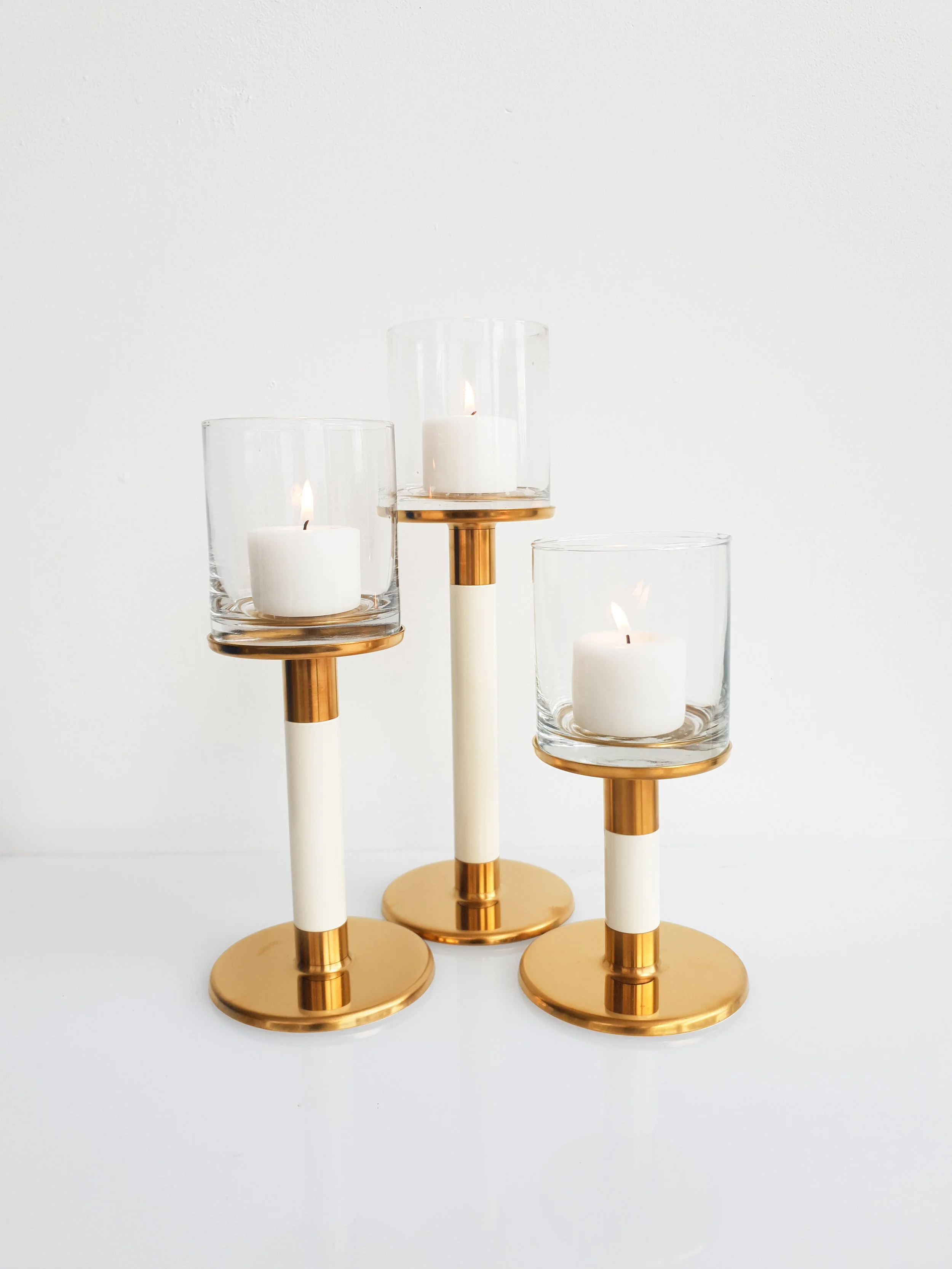 GOLD + IVORY CANDLESTICKS SMALL $5+GST MEDIUM $7+GST TALL $10+GST SET OF 3 $20+GST