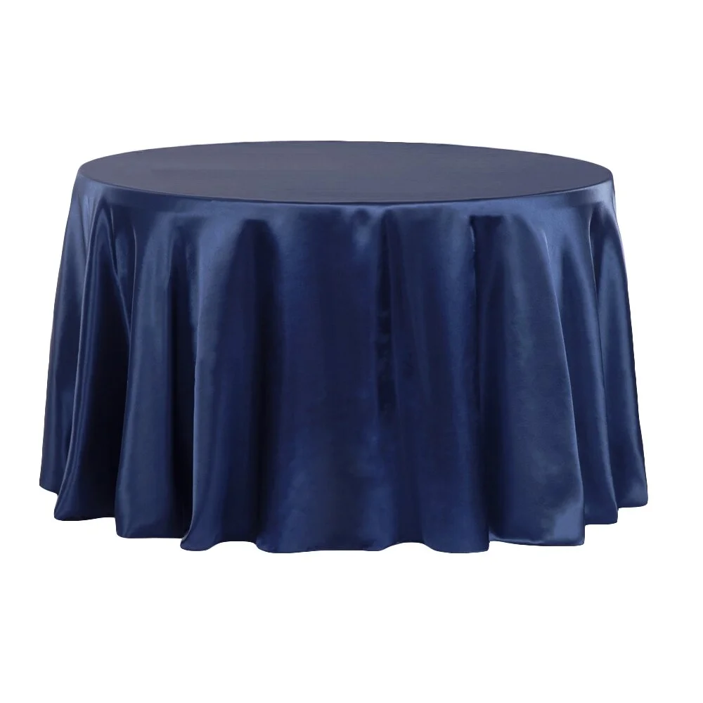 NAVY SATIN ROUND TABLECLOTH (3.3 M DIA.) $25+GST