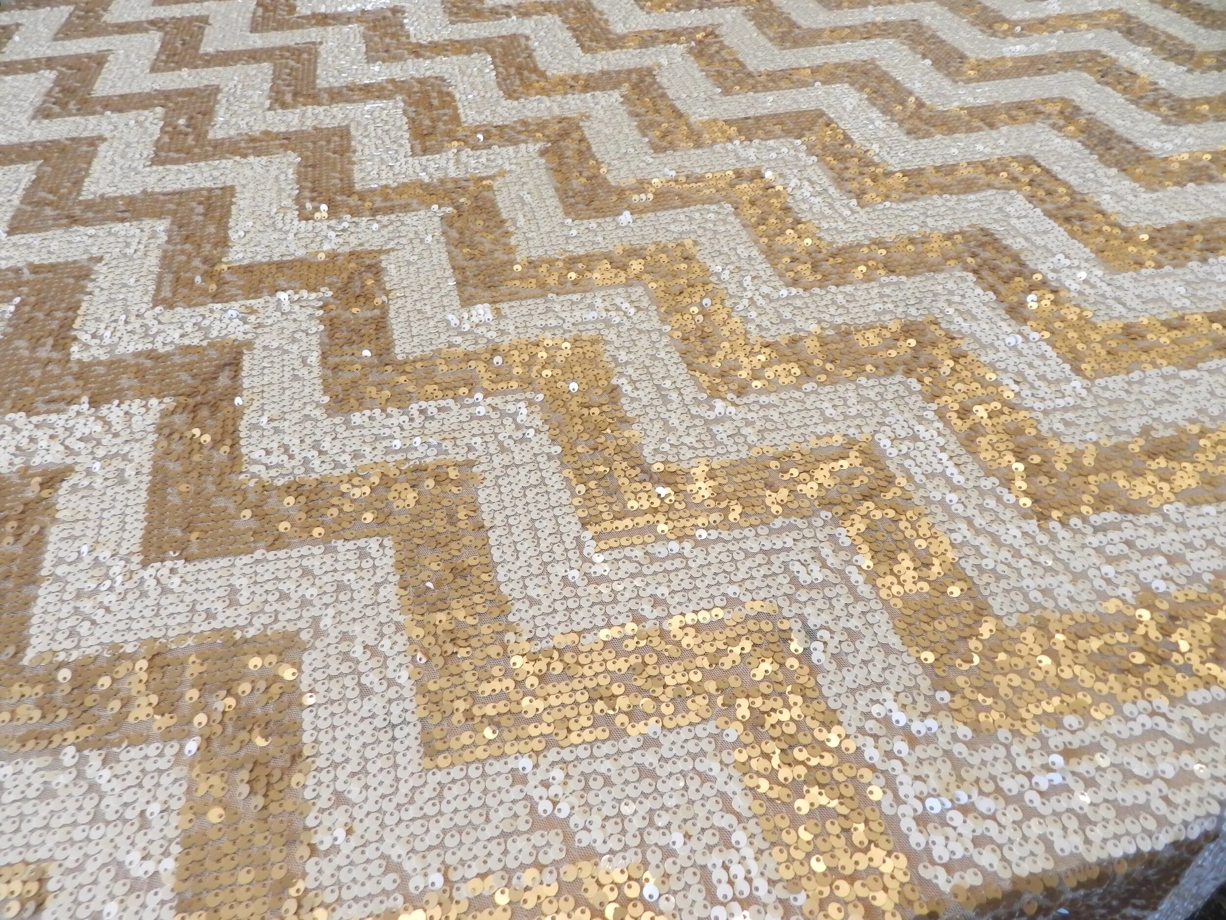 CHAMPAGNE CHEVRON SEQUIN TRESTLE TABLECLOTH (2.4 W X 3 M L) $25+GST