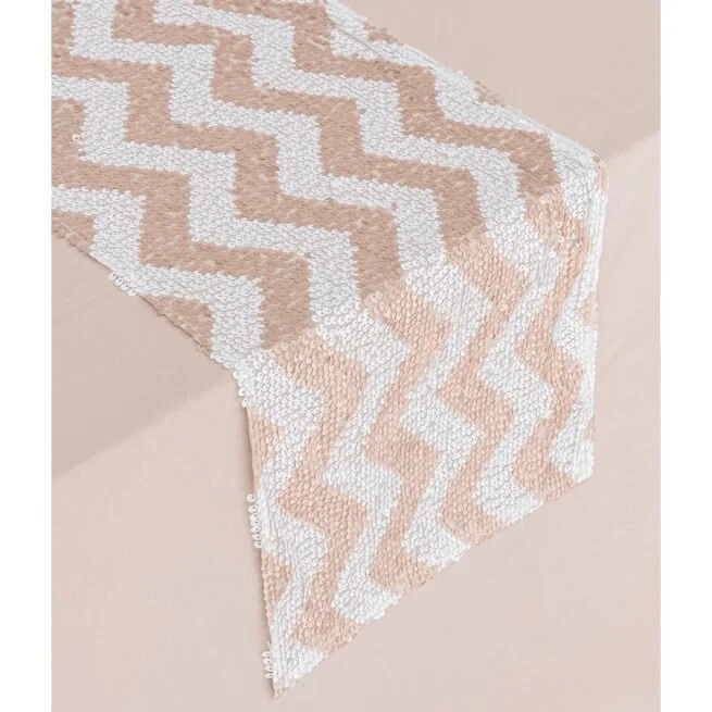 CHAMPAGNE + WHITE CHEVRON SEQUIN TABLE RUNNER (2.4 M L) $12+GST