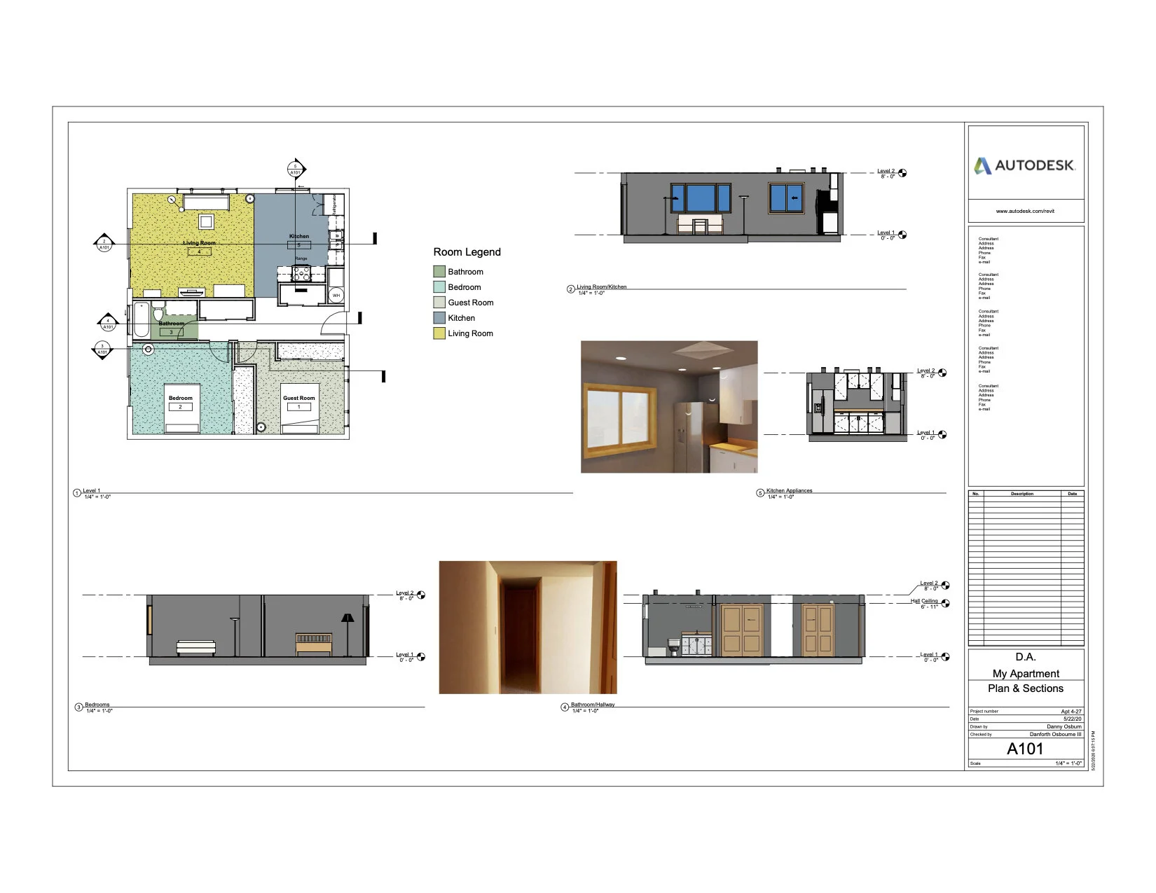  Sheet 1 of My Apartment project.   Includes Ground Plan, associated Section Views, and supplemental Renderings. 