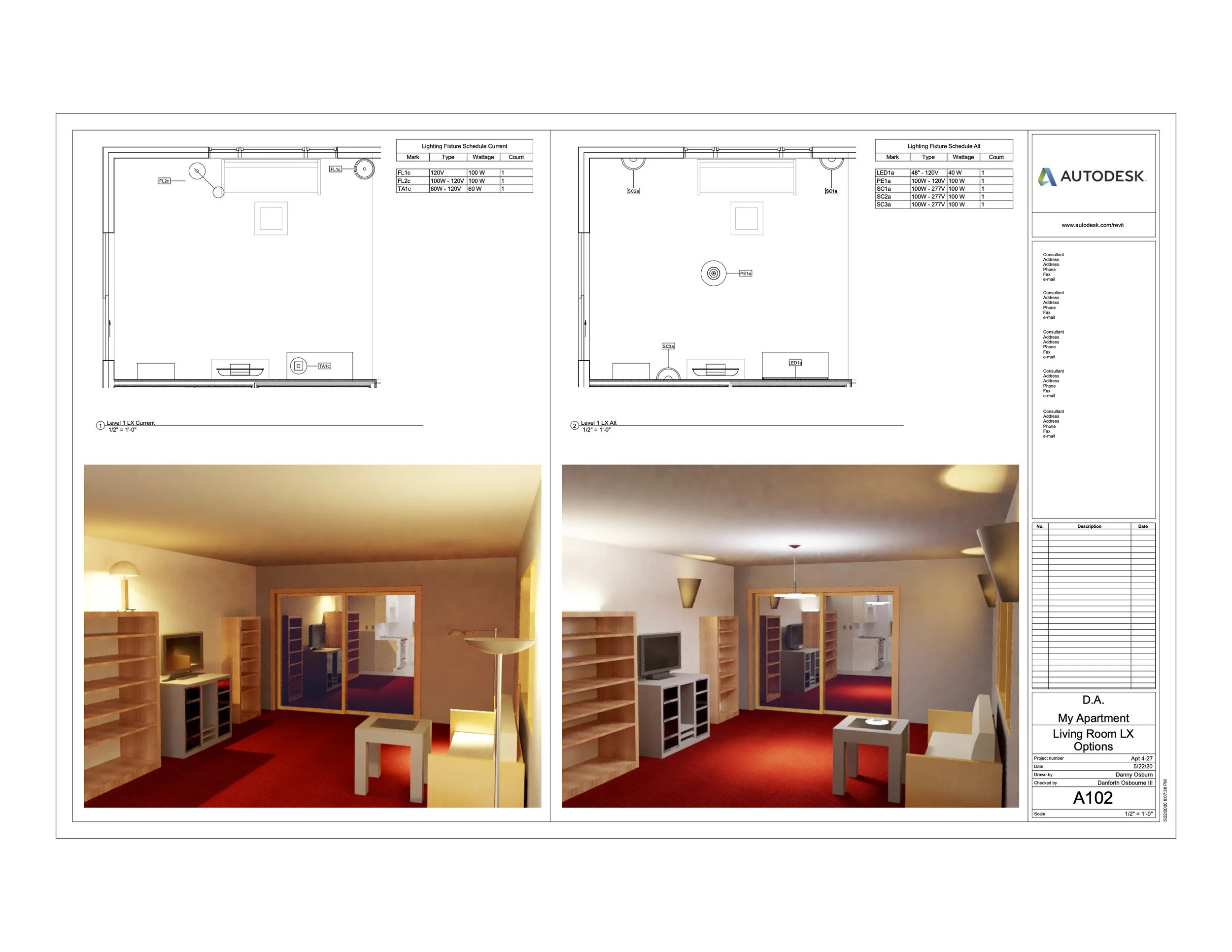 Sheet 2 of My Apartment project.  Illustrates two lighting design Options for the living room. 