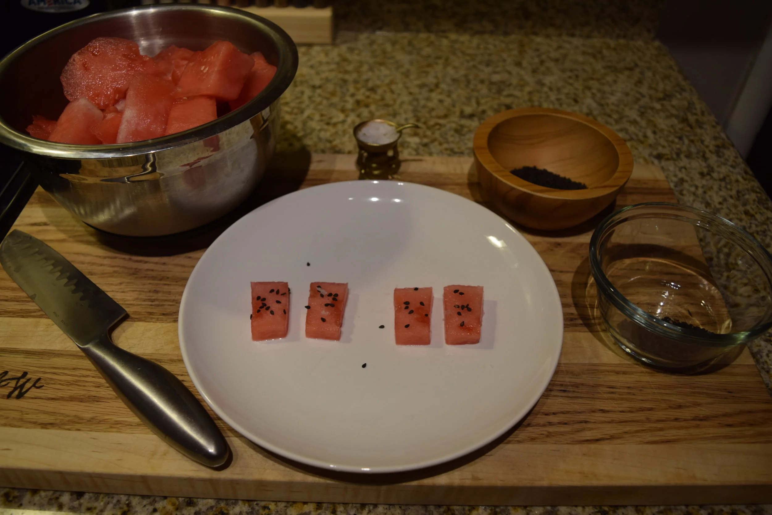 Trying to determine if the watermelon may taste better with toasted or untoasted sesame seeds and also with salt or without salt. I don't like watermelon so I disliked all of these pieces. I ended up using untoasted sesame seeds and some Maldon salt…