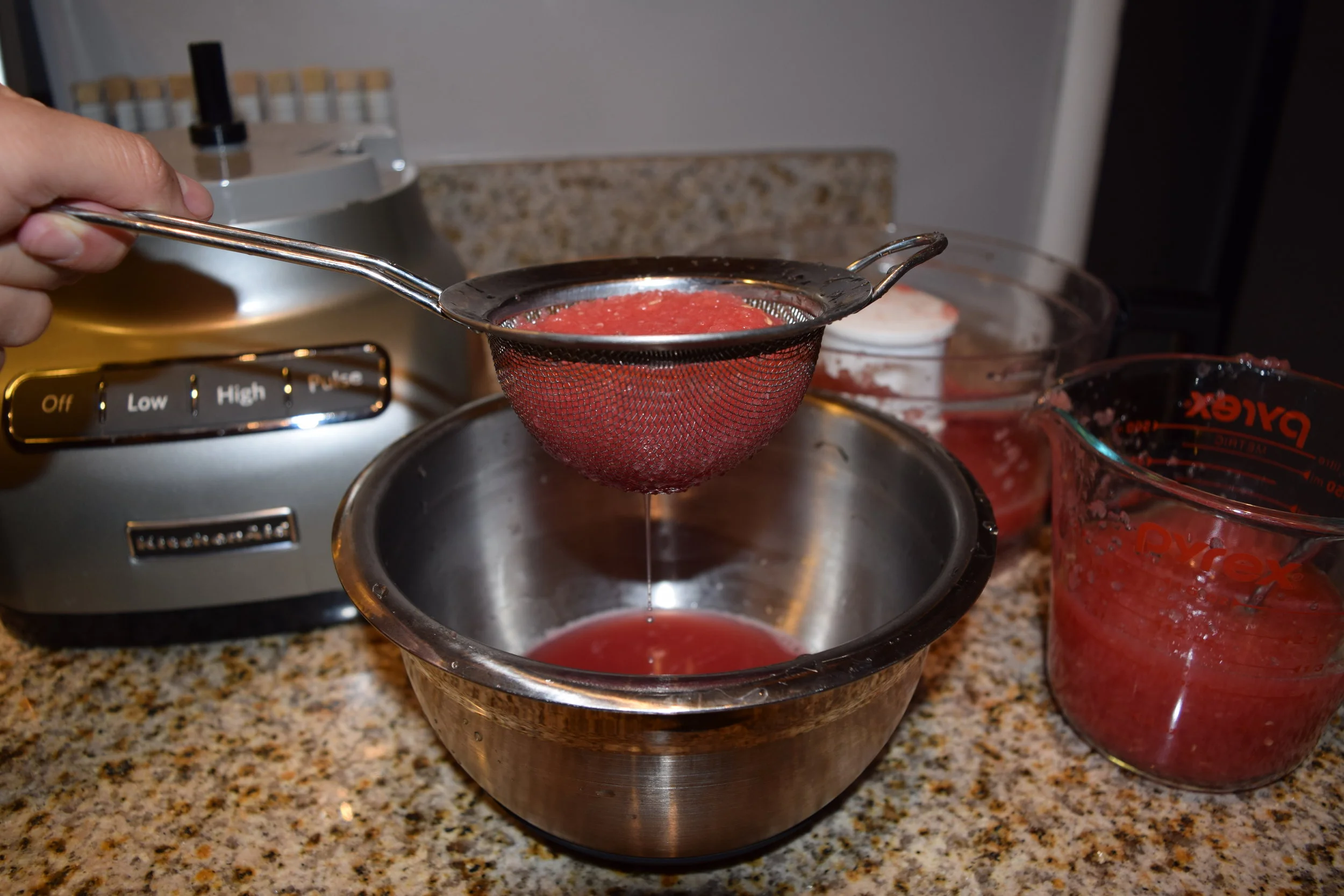 Watermelon has a lot more pulp than I thought. Using a sieve is not efficient because some pulp still falls through the holes in the sieve and it is difficult to separate the juice.