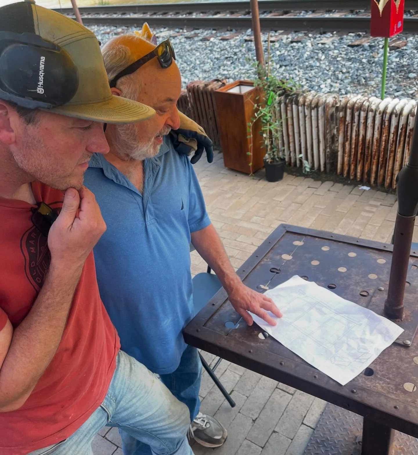This afternoon, Paul came over to talk over a new plan for the @zadiesmarket patio today.  Very serious thinking happening over here! 

It's something we've been dreaming about for a while! 
It's gonna be big! 
And even a little shady, some would say