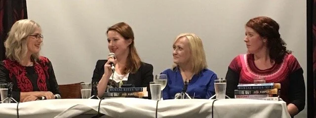 Jaye interviewing bestselling crime fiction authors Hannah Kent , Kathryn Fox and Jane Harper for Sisters in Crime Australia