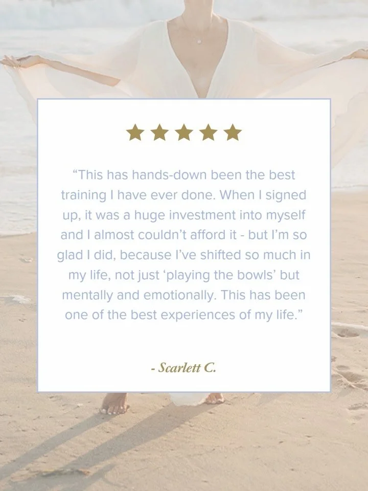 I created @thesoundhealersacademy in 2021 with a vision of an immersive virtual training experience that would not only teach sound healers how to play singing bowls, but also support them in uncovering their unique gifts, embodying the power of soun