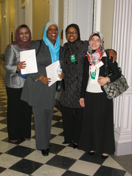 Precious at the White House for a briefing and reception along with other young Muslims civic leaders from the American Muslim Civic Leadership Institute (AMCLI). In this picture with Precious: Milia Islam-Majeed (Left), the Executive Director of the South Coast Interfaith Council (SCIC), the largest interfaith council in Southern California encompassing some 35 cities and approximately 1.8 million people; Zarinah Nadir (Right of Precious), a lawyer and the secretary of the board of the Islamic Social Services Association-USA. She is also the co-founder and board member of Al-Mu’minah Young Muslim Women Association, dedicated to instilling activism and leadership skills in young Muslim women; and Amal Killawi (Far Right), a social worker with a specialization in mental health and marriage education. At the time she was coordinator of a research project through the Robert Woods Johnson Foundation focused on addressing health disparities among American Muslims.