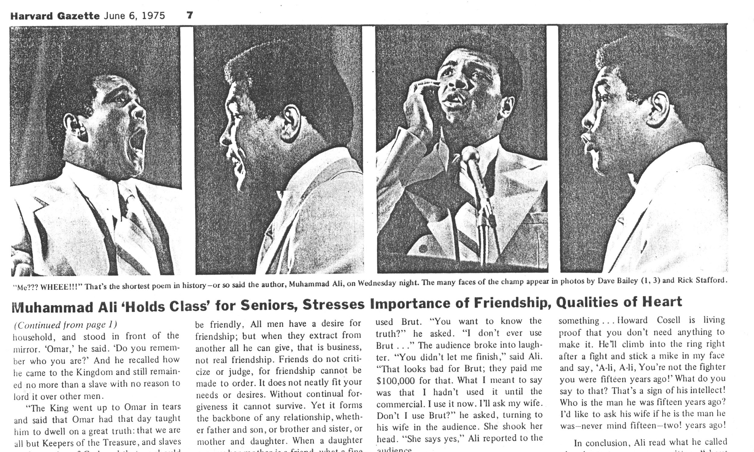 Article about Muhammad Ali at Harvard sent to Precious in the summer of 1999 from the Harvard University Archives.