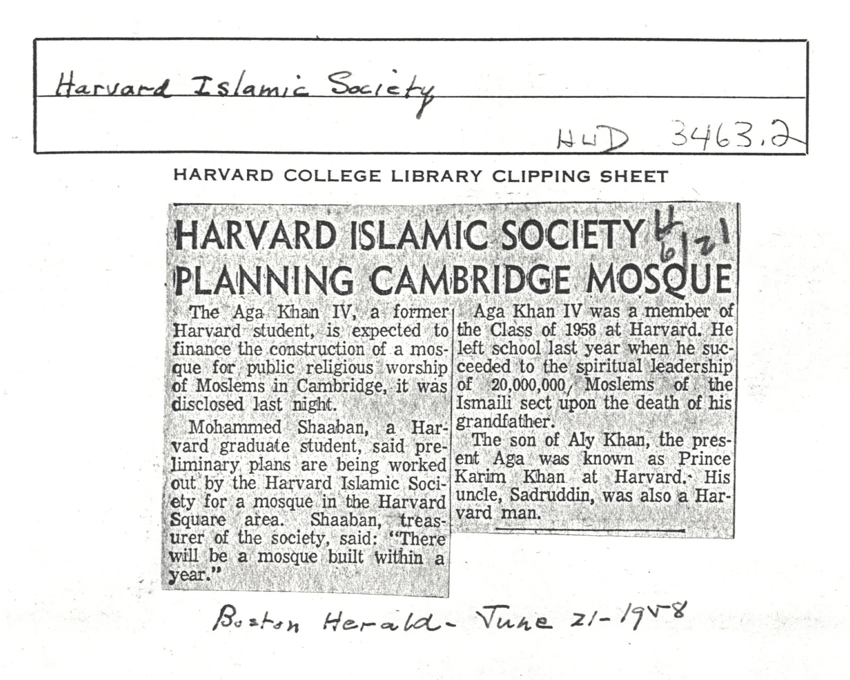 A clipping about the mosque sent to Precious in the summer of 1999 from the Harvard University Archives.