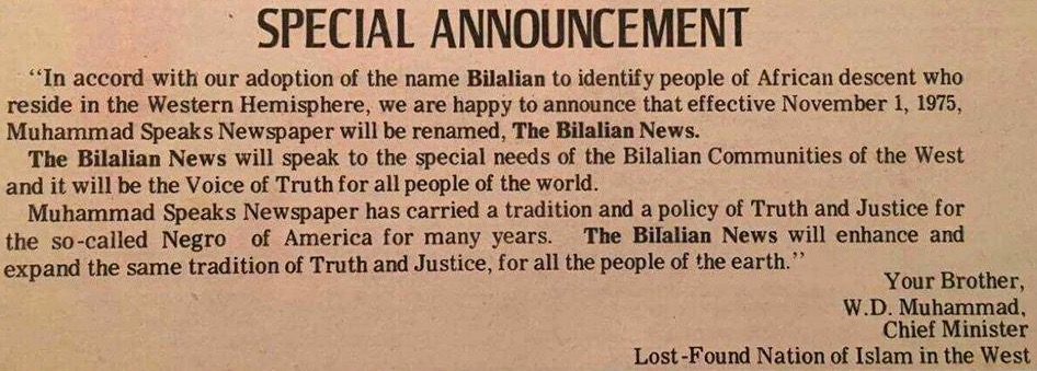 Published in the last issue of Muhammad Speaks, on October 24, 1975, before it became Bilalian News.