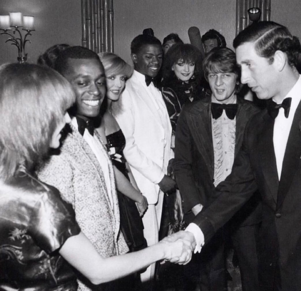 A young prince shaking hands with my notorious dance group Hot Gossip at a performance in Birmingham 1981 for the Prince&rsquo;s Trust, some 42 years before he would be crowed HM King Charles III. There under the watchful eye of my dearest friend Mic