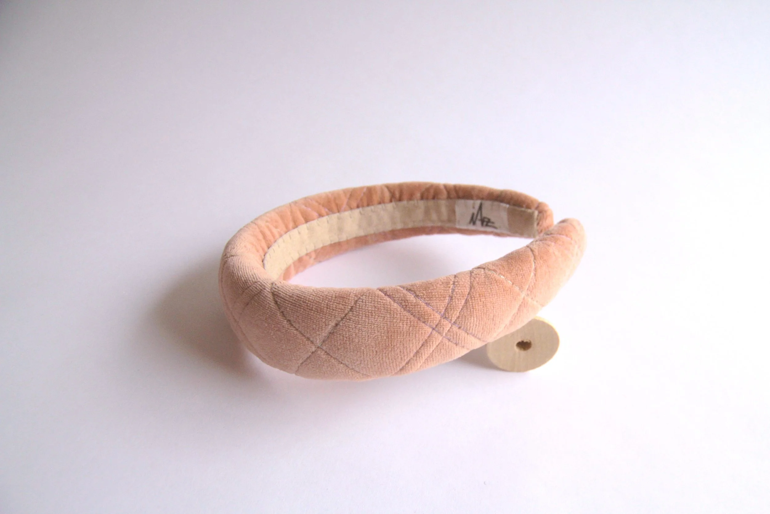 Hand-made peach Quilted velvet headband with sage and lilac stitching. Filled with organic cotton padding to add volume-1