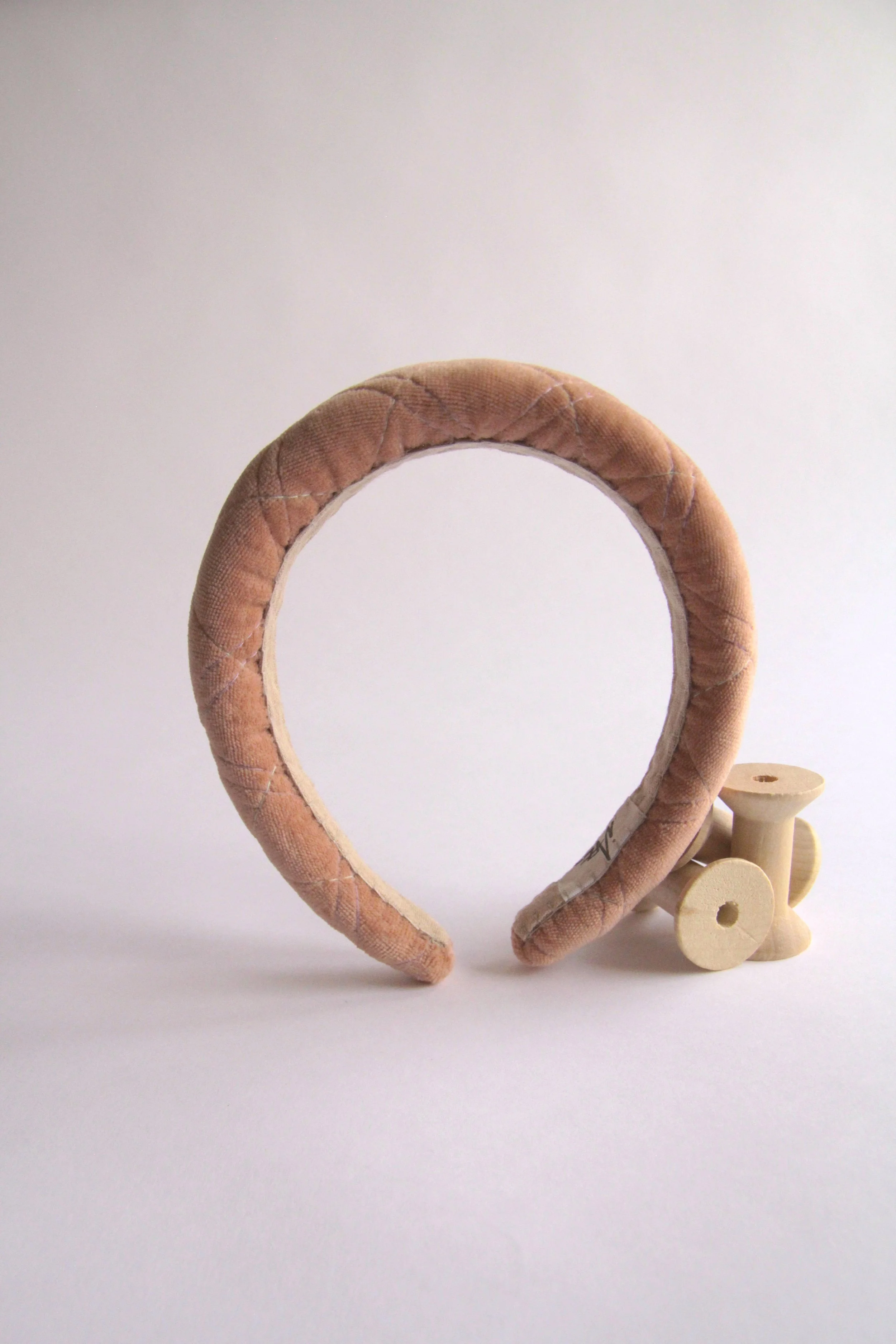 Hand-made peach Quilted velvet headband with sage and lilac stitching. Filled with organic cotton padding to add volume-2