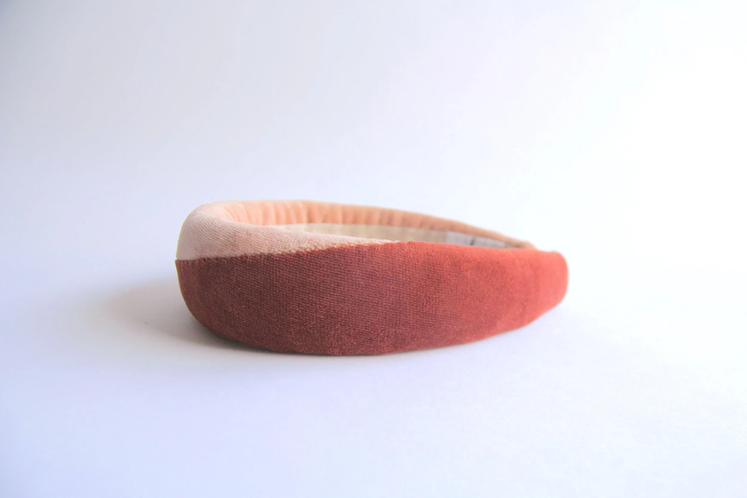 Hand-made dark copper & peach Split velvet headband. Filled with organic cotton padding to add volume