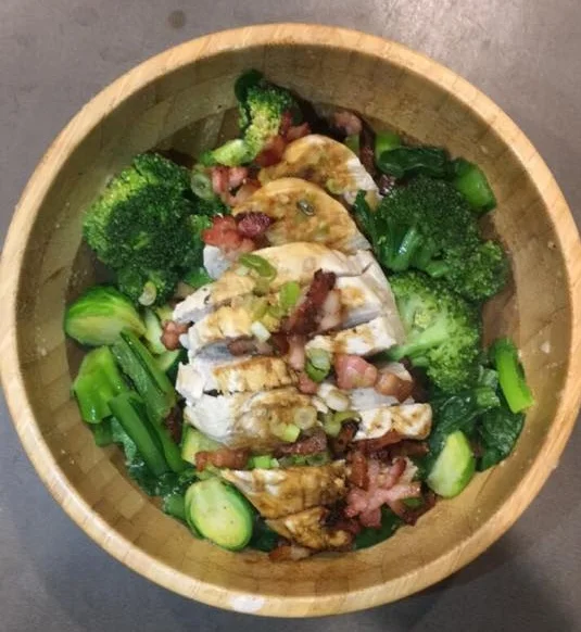 Poached chicken, steamed greens & crispy speck.