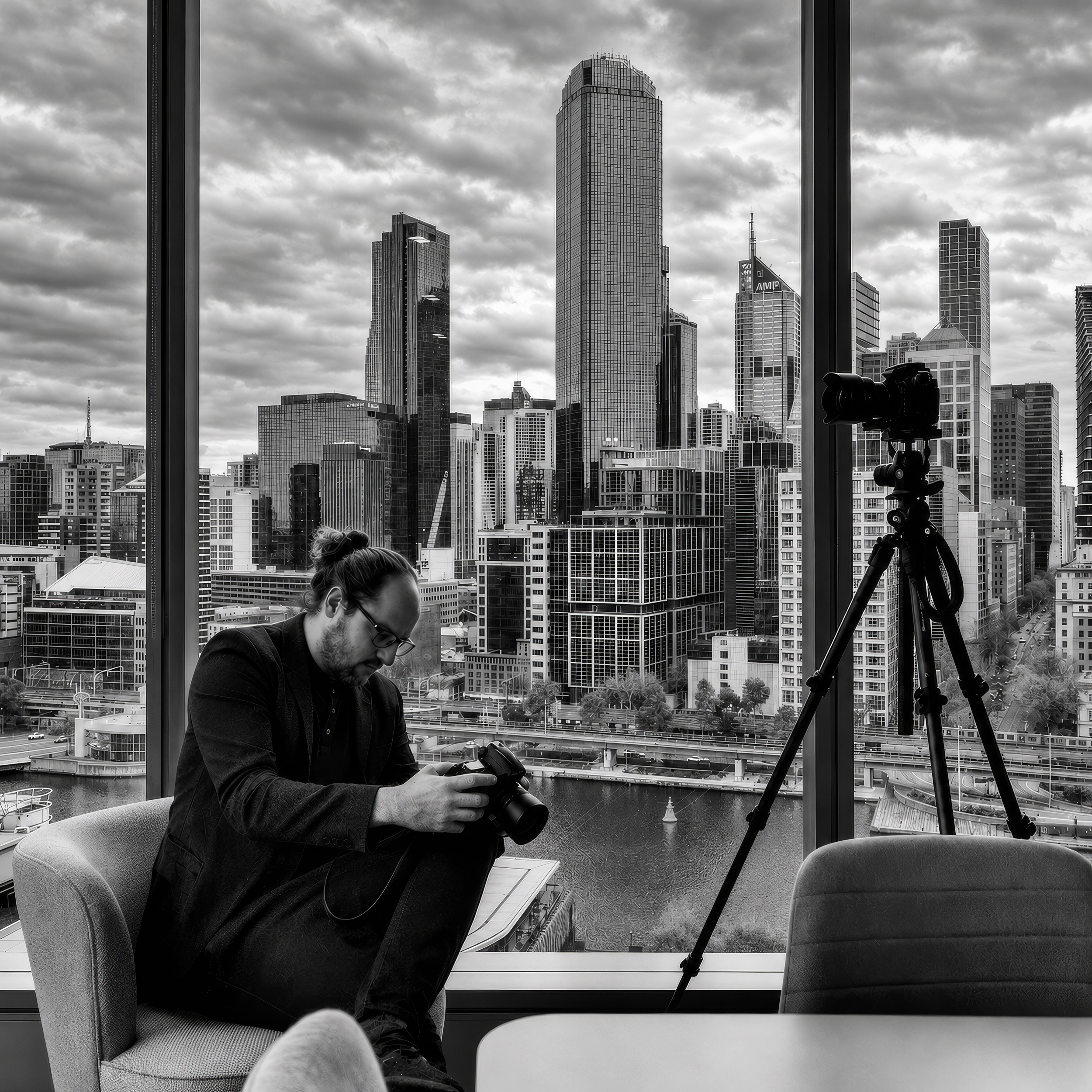 Hamish Appleby, Melbourne professional photographer, working with camera overlooking the Melbourne city skyline.
