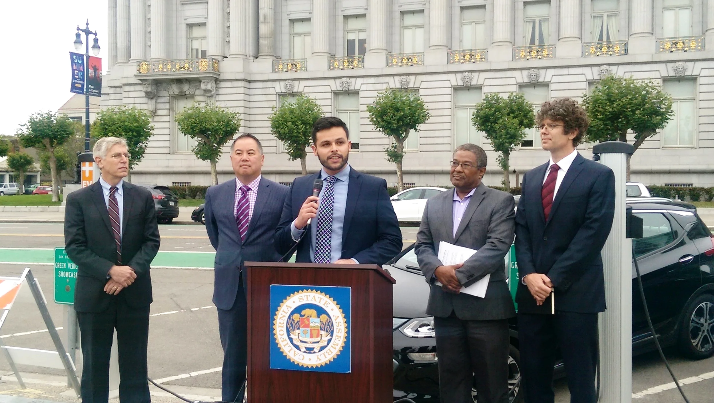 Brightline’s Dr. Jackson Legal Fellow Ivan Jimenez speaking at the announcement of the California Electric Vehicle Initiative, June 28, 2017