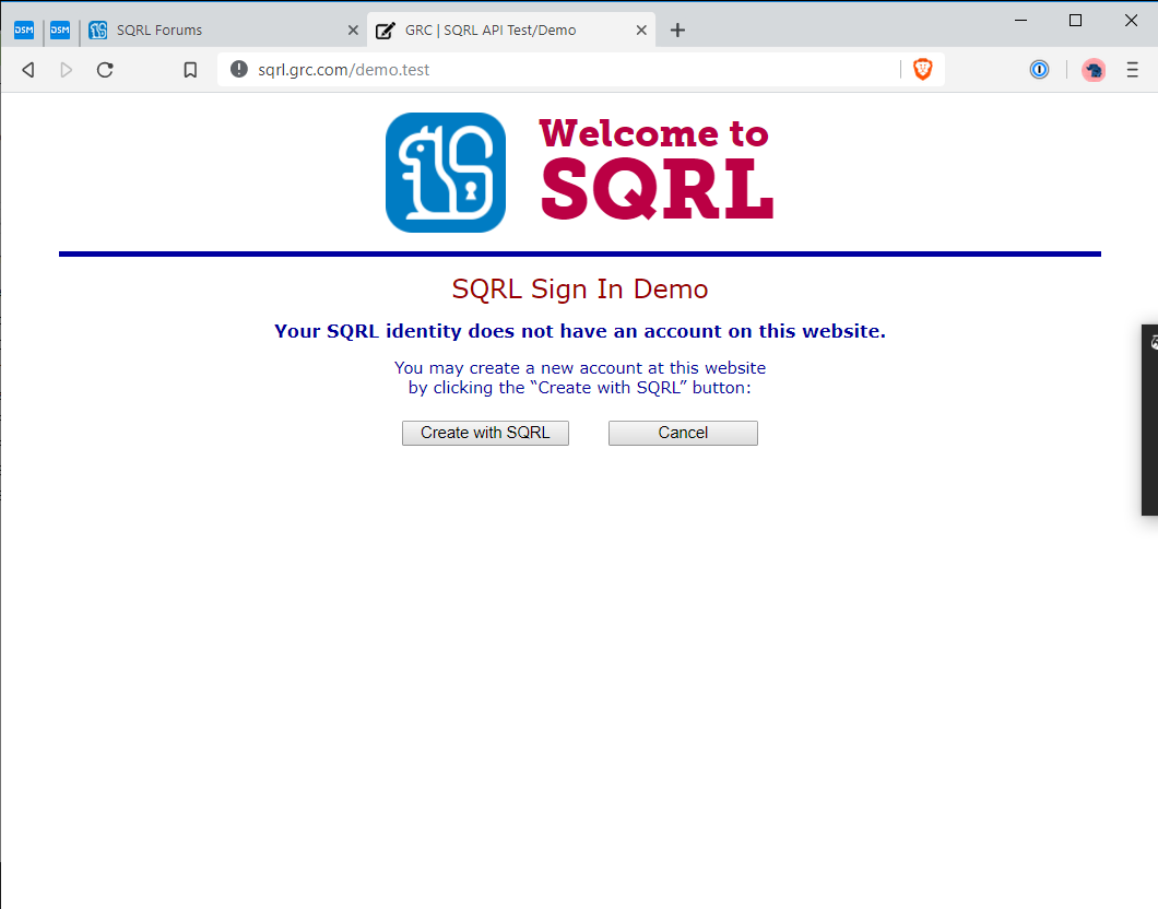 1- Je suis authentifié avec SQRL mais le site ne sait pourtant pas qui je suis. (cliquez pour agrandir)