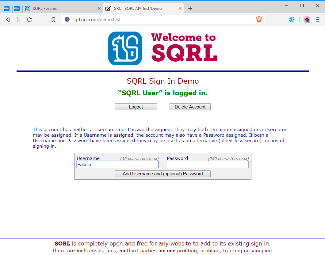 2- Je peux créer un compte en donnant le nom que je veux. On peut choisir de ne donner son vrai nom et, éventuellement son adresse pour créer un compte sur un site de vente en ligne. Notez que le mot de passe est optionnel et, franchement, inutile avec SQRL. (cliquez pour agrandir)