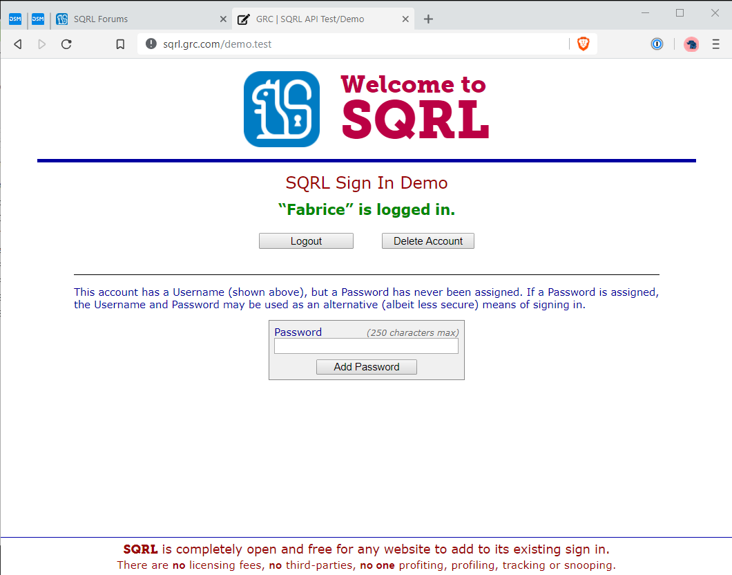 3- En se reconnectant avec SQRL, le site vous reconnaît, y compris avec votre nom si vous lui avez donné précédemment. (cliquez pour agrandir)