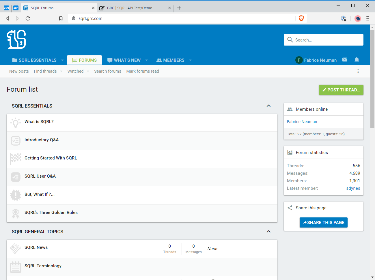 Le forum de discussion dédié à SQRL, sur lequel vous trouverez tous les détails du fonctionnement du système. (cliquez pour agrandir)
