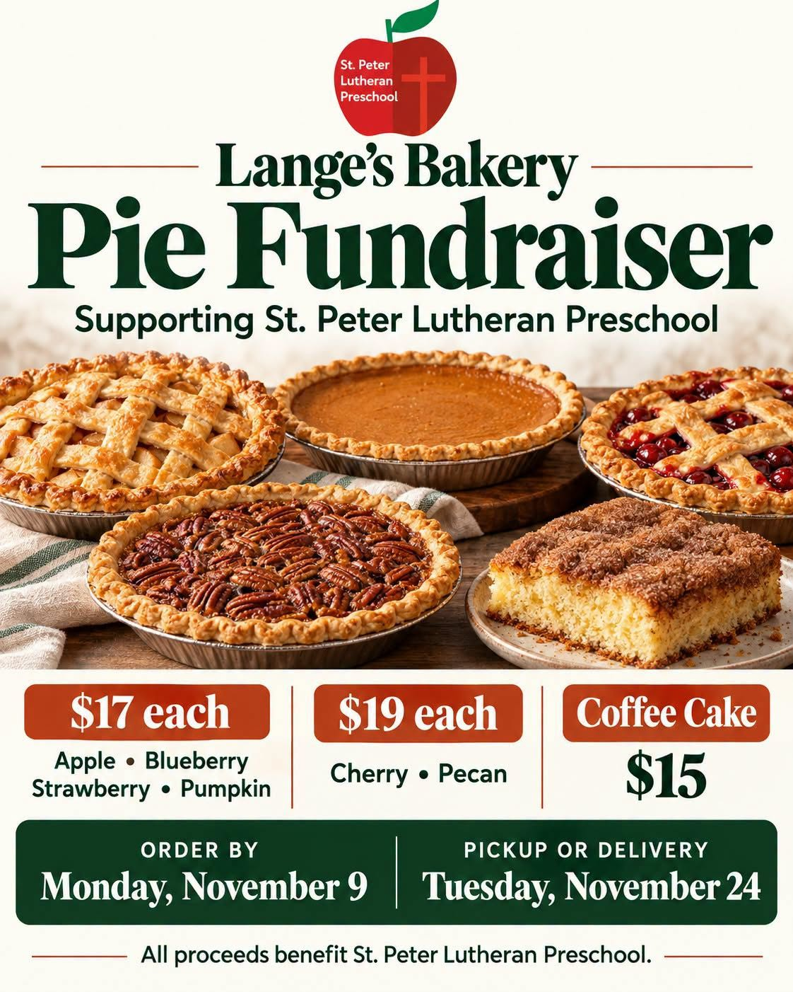 St. Peter Preschool Pie fundraiser October 16-November 9, 2026