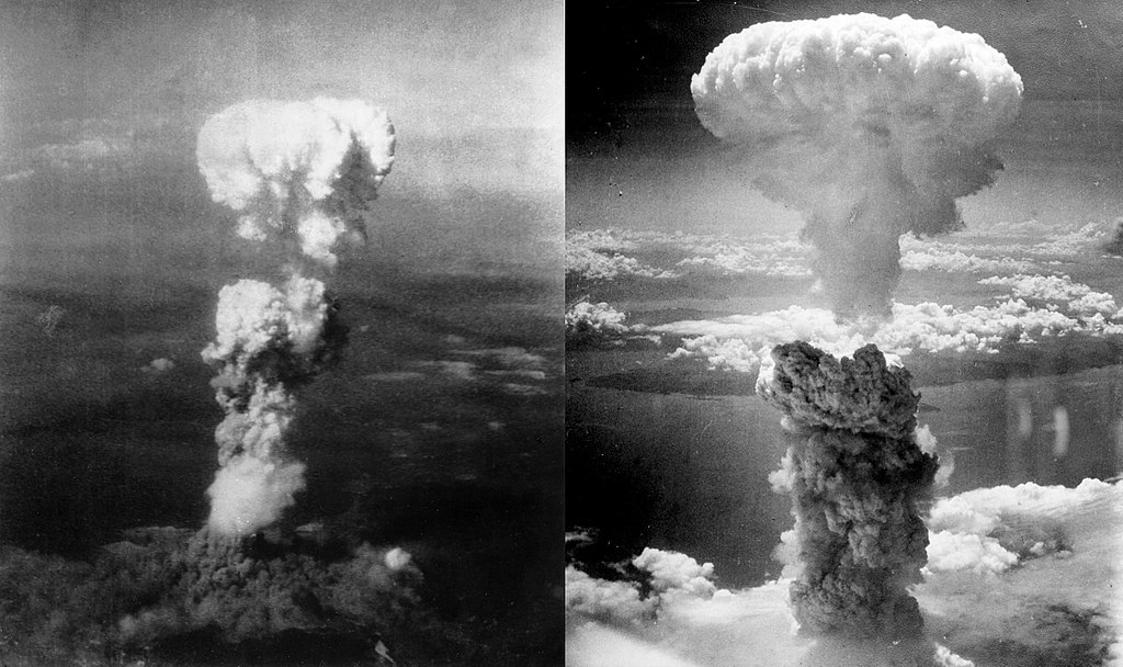 Os bombardeamentos atômicos das cidades de Hiroshima (esq) e Nagasaki (dir) foram dois bombardeios realizados pelos Estados Unidos contra o Império do Japão durante os estágios finais da Segunda Guerra Mundial , em agosto de 1945. Foi o primeiro e único momento na história em que armas nucleares foram usadas em guerra e contra alvos civis.