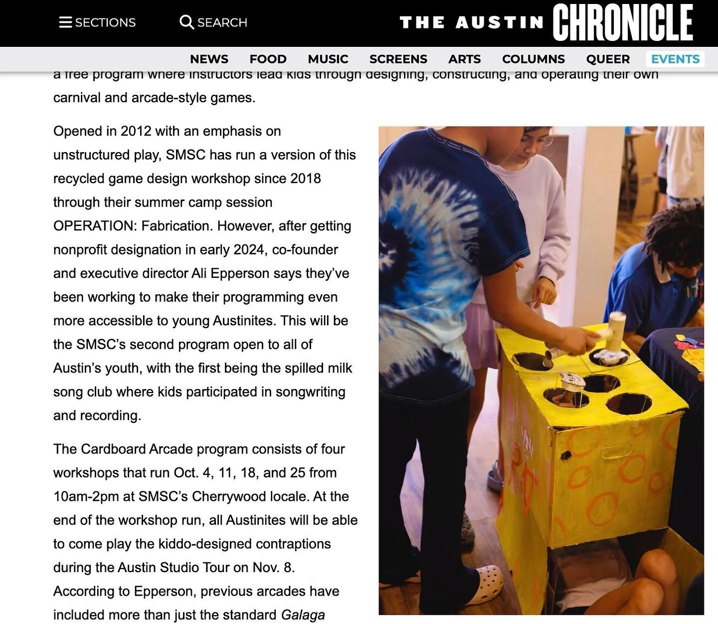 We&rsquo;re in the Austin Chronicle, online edition! 

Check out the piece about the Cardboard Arcade community program and 𝐬𝐩𝐢𝐥𝐥𝐞𝐝 𝐦𝐢𝐥𝐤 in general 
Read all the cool and true things our co-founder @alieppy says 

Thanks @austinchronicle !