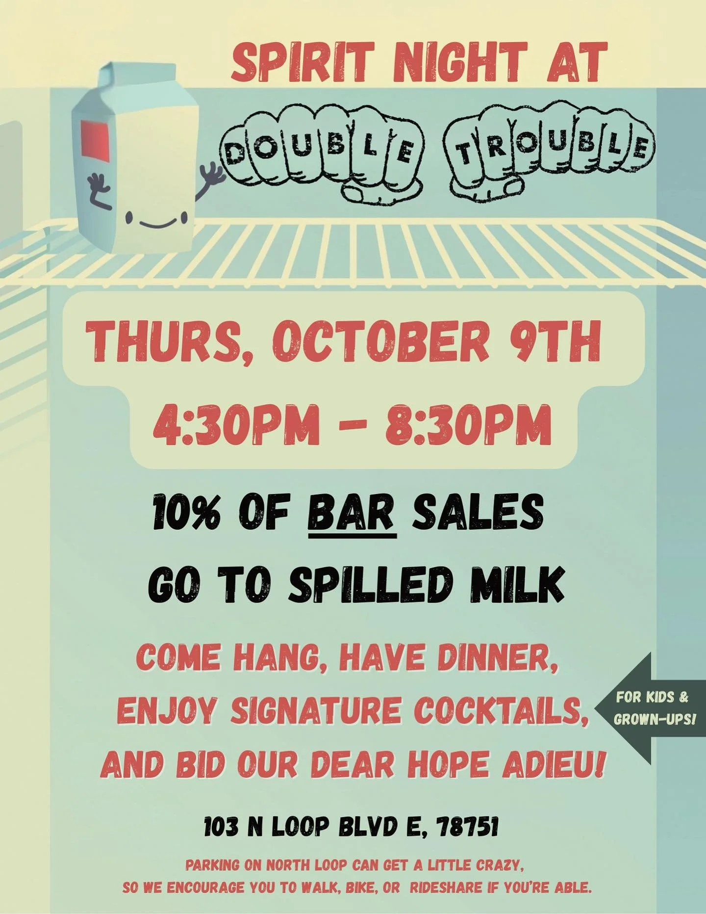 👻 SPIRIT NIGHT 👻 
Thursday October 9th!!!
@doubletrouble.atx 

Let&rsquo;s gather together for some drinks and food and merriment and to hang with Hope 

430-830 Double Trouble (103 North Loop)
10% of the bar goes to 𝐬𝐩𝐢𝐥𝐥𝐞𝐝 𝐦𝐢𝐥𝐤
Check o