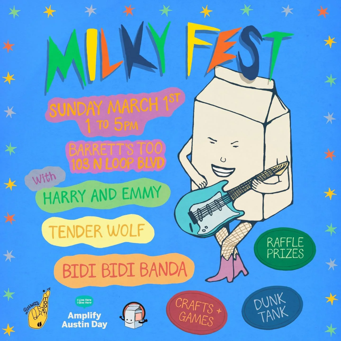 giant DOUBLE ANNOUNCEMENT! 

to celebrate our Amplify campaign (more on that below) and all that is Milky we welcome you to our biggest event of the year: the 2nd Annual Milky Fest!!! 

At @barrettstoo (formerly Double Trouble)
March 1st  1-5pm
featu