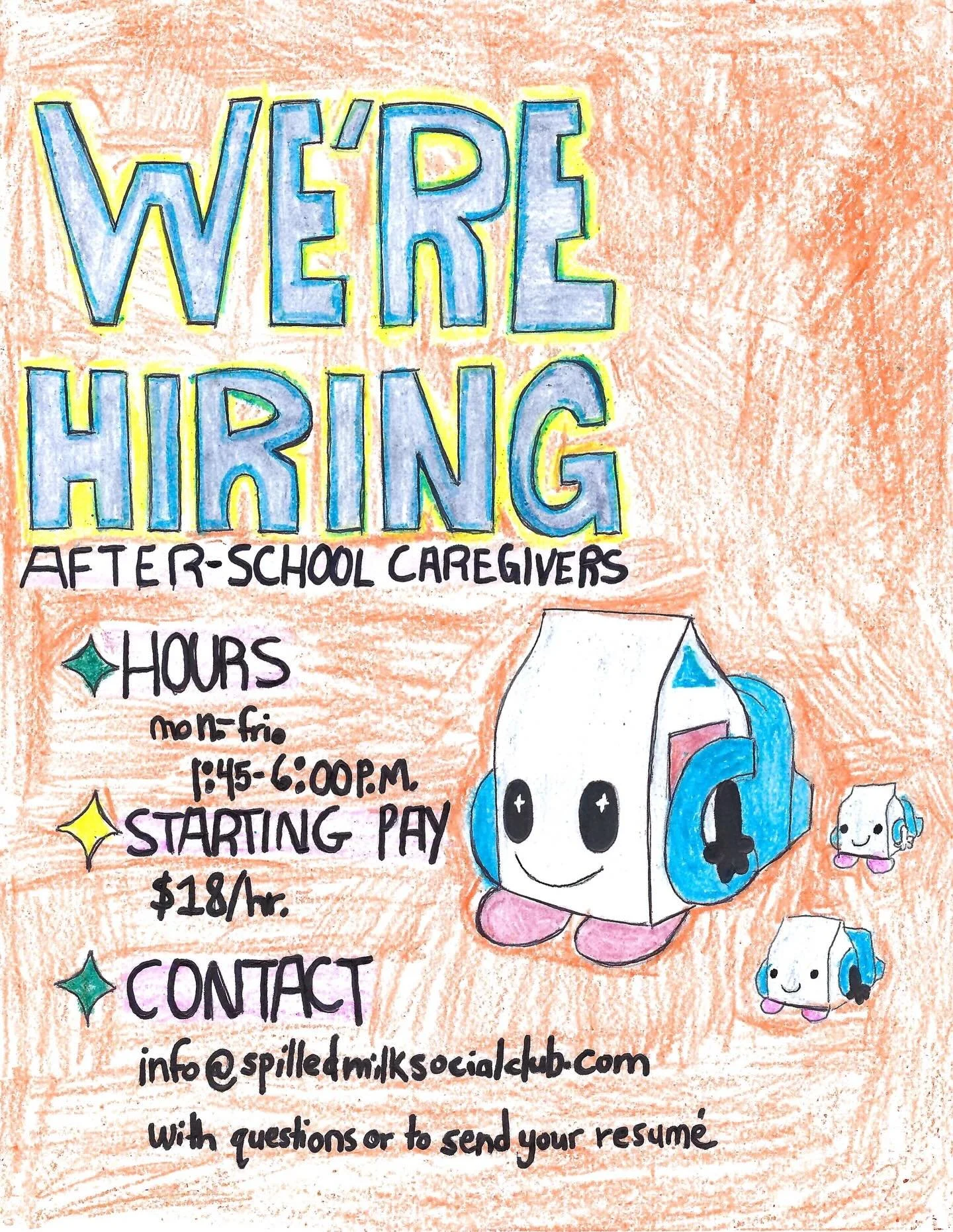 Spread the word that we&rsquo;re hiring! 

Join our team of creative, compassionate, caregiving people and work with some of the coolest kids in town! 

Email us at info@spilledmilksocialclub.com

🌟🎸😎🎒