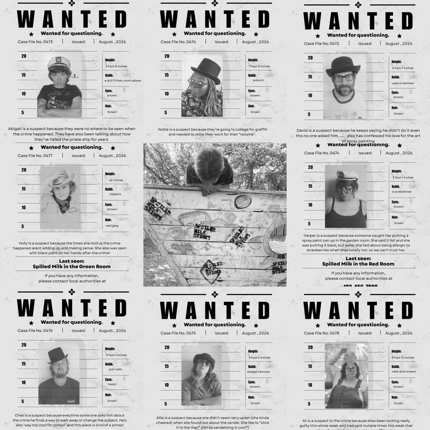 We got a real ding dang humdinger of a whodunnit on our hands, see? 

🕵️&zwj;♀️ someone did the crime so who could it be this time, fellow gumshoes? Take a look at these suspects and in-spect how sus they are. Get a handle on these would-be vandals 