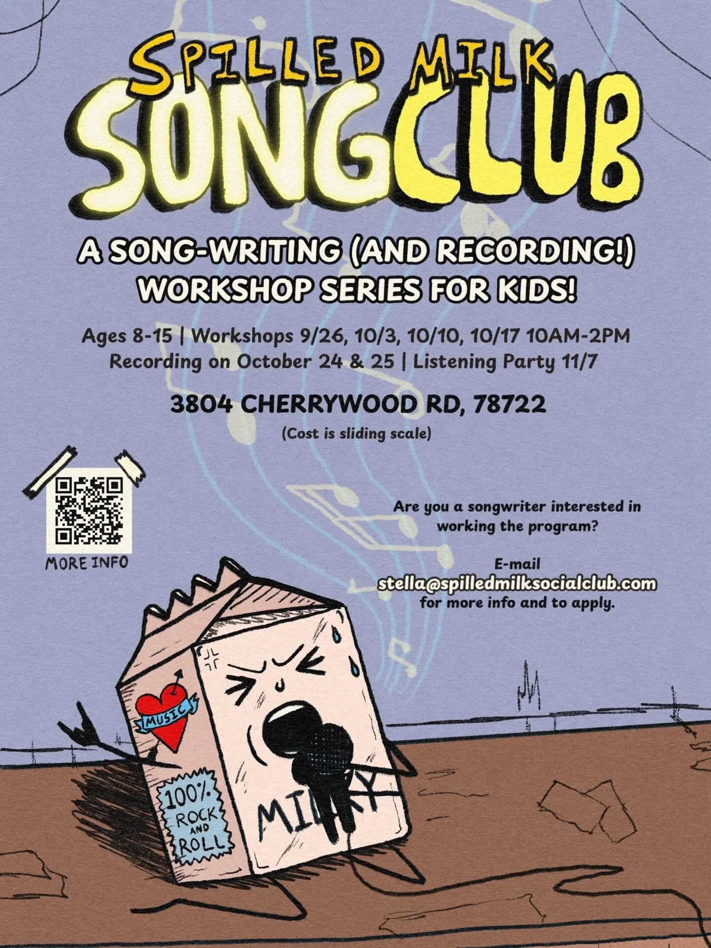 🎸 Big Announcement 🎵 

spilled milk Song Club registration is now open! What is SONG CLUB you ask?

Why, it&rsquo;s our big community education project this fall wherein Austin youngsters ages 8-15 write and record songs with the help of local song