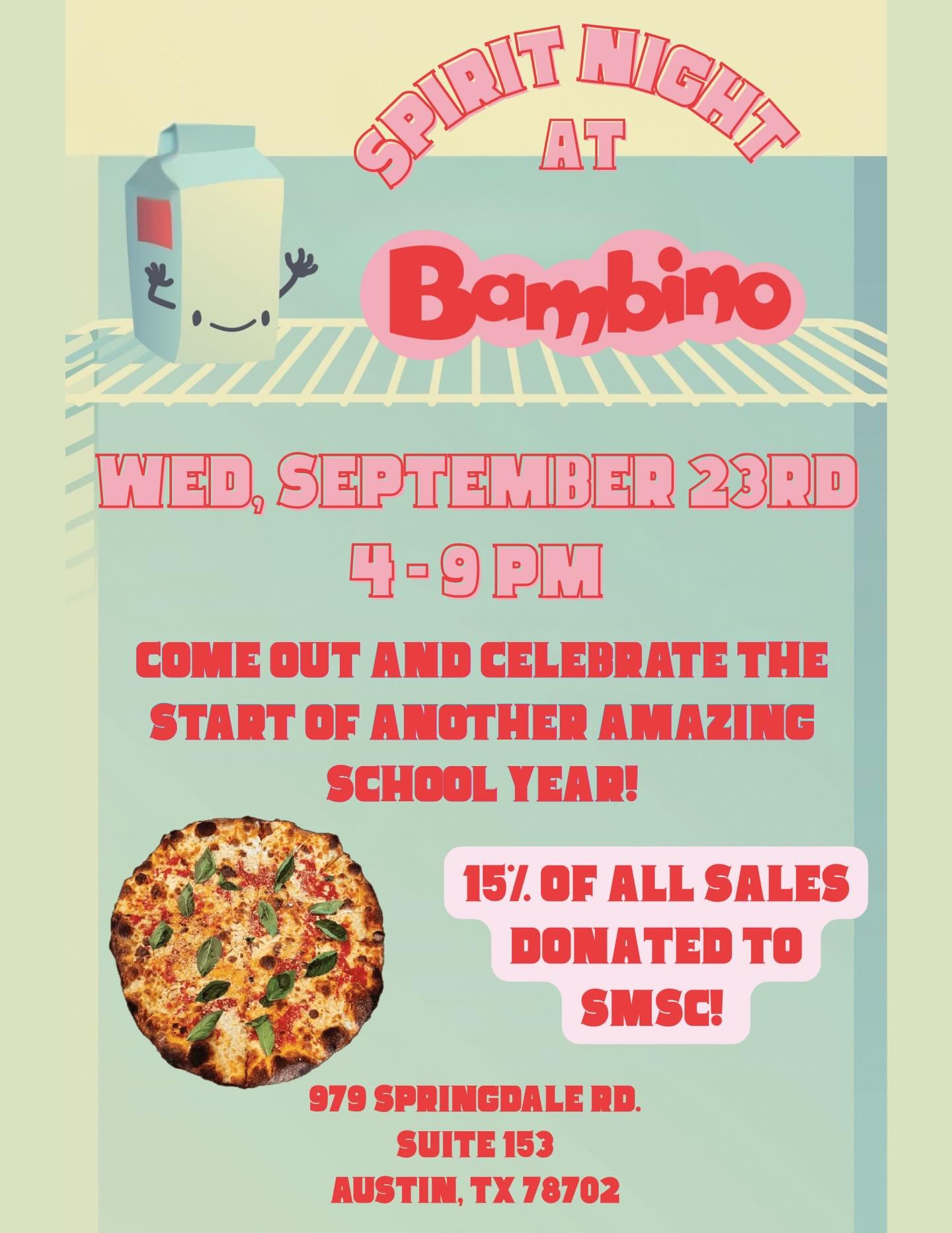 Join us next week @bambinoatx for a Spirit Night to kick off the new school year and celebrate all things 𝐬𝐩𝐢𝐥𝐥𝐞𝐝 𝐦𝐢𝐥𝐤!

Wednesday 9/23 from 4-9 we&rsquo;ll be hanging out so come out to eat some delicious pizza and word on the street thei