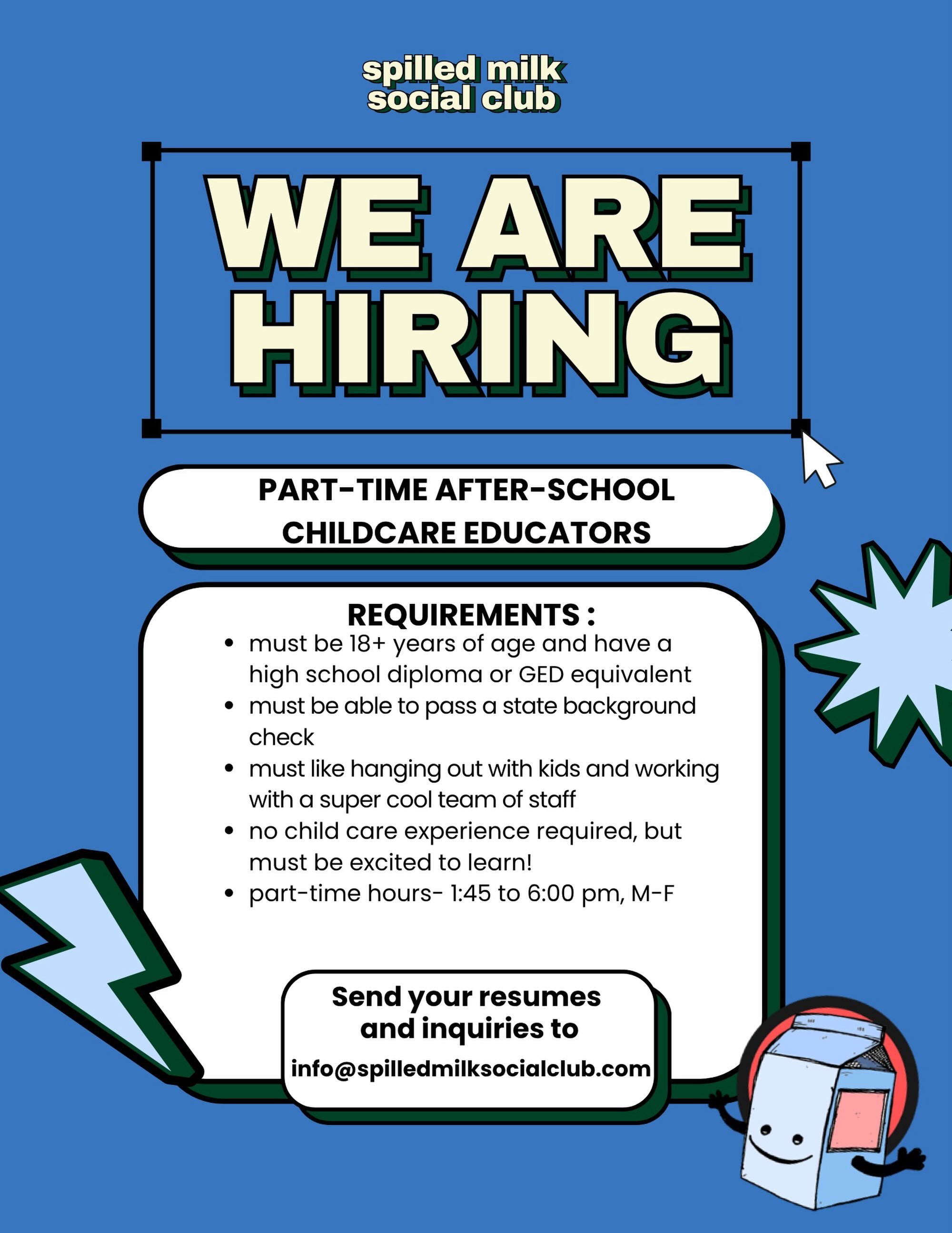 We&rsquo;re hiring! 

If you or someone in your orbit wants to work with the most out-of-this-world crew and coolest kids on the planet contact us! 

𝐬𝐩𝐢𝐥𝐥𝐞𝐝 𝐦𝐢𝐥𝐤 𝐬𝐨𝐜𝐢𝐚𝐥 𝐜𝐥𝐮𝐛 is seeking artsy, creative, compassionate folks to joi