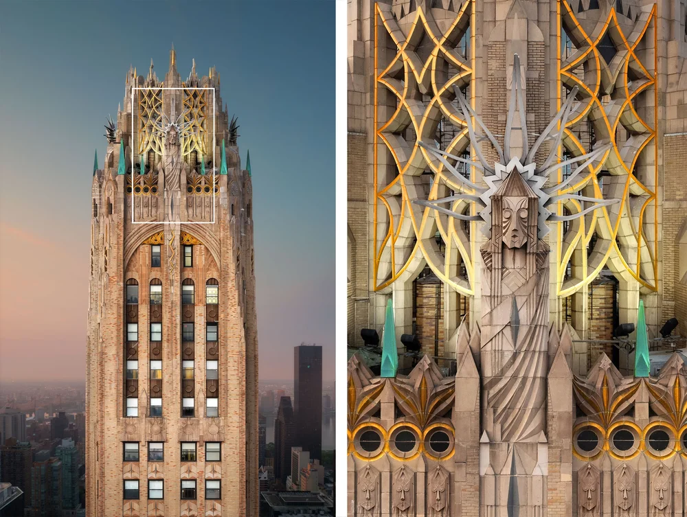 The General Electric Building in New York, and a close-up of its crown