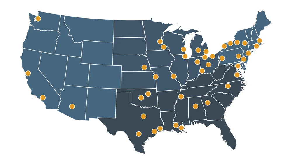 Map of the 49 U.S. cities featured in the book