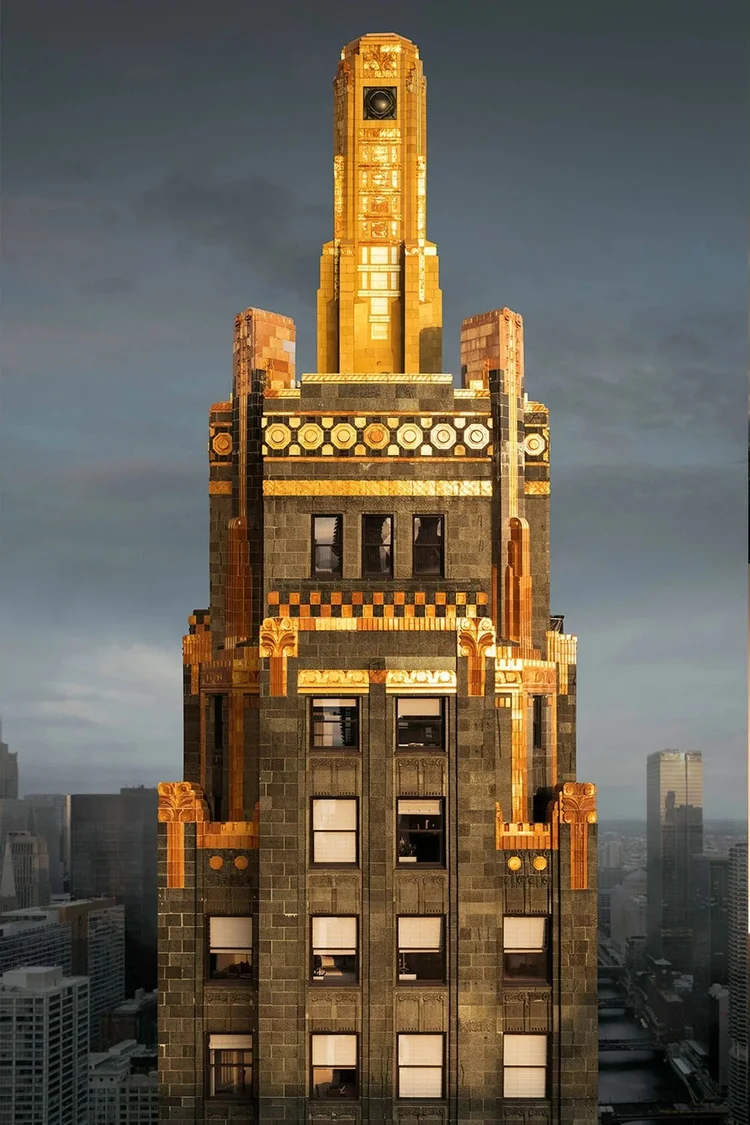 Chris Hytha’s stitched drone elevation of the Carbide & Carbon Building, Chicago