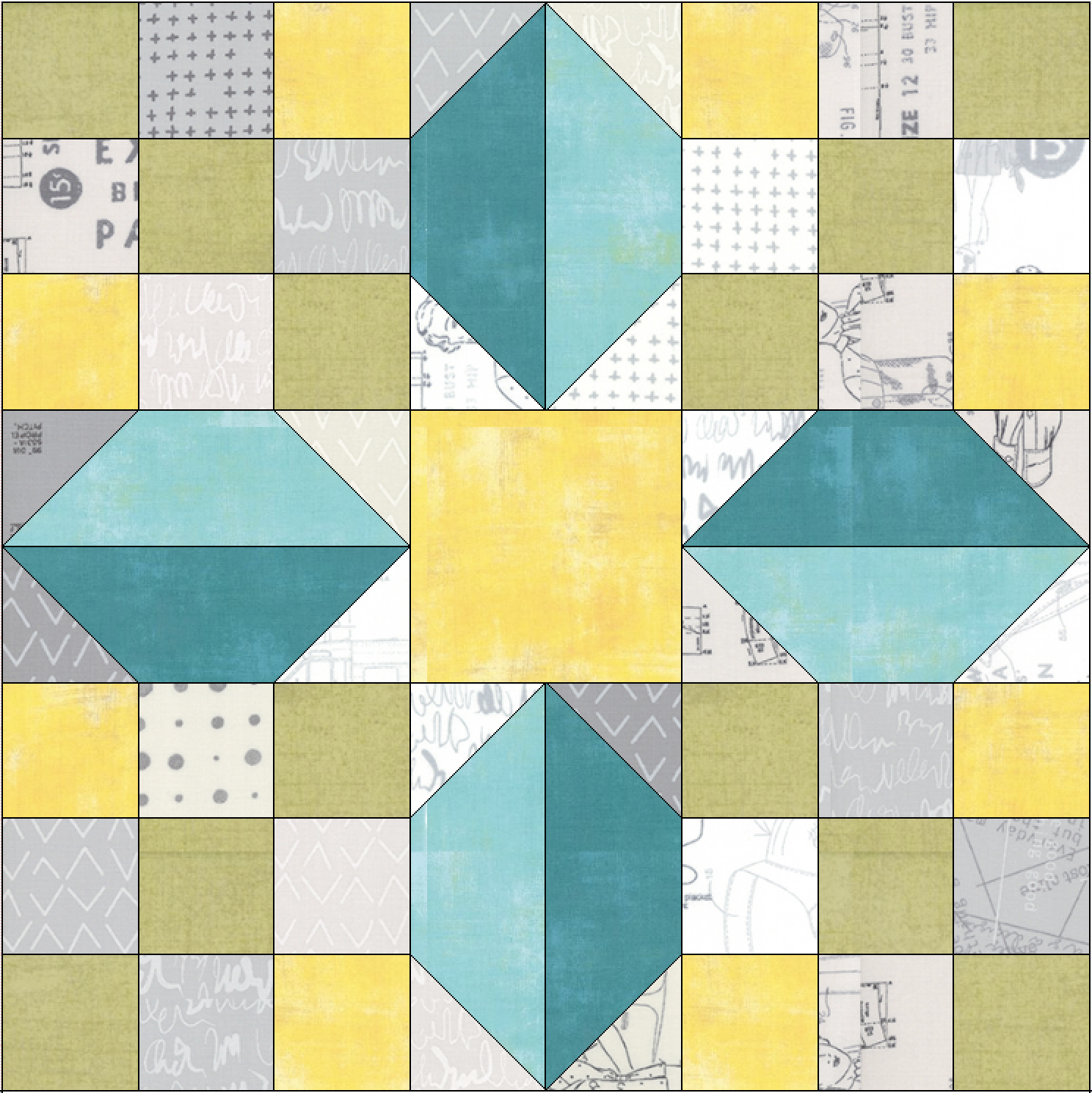 Free quilt along Blockheads 2018, Block 1: Stellar Star Fabrics used in the block are from Moda, Basic Grey GRUNGE and Zen Chic MORE PAPER