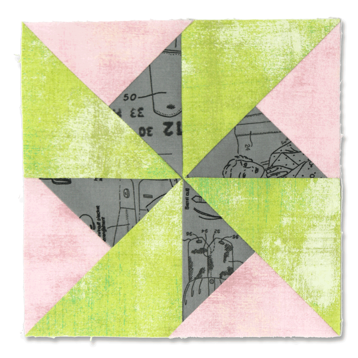 Free quilt along Blockheads 2018, Block 7: Spin Cycle Fabrics used in the block are from Moda, Basic Grey GRUNGE and Zen Chic MORE PAPER
