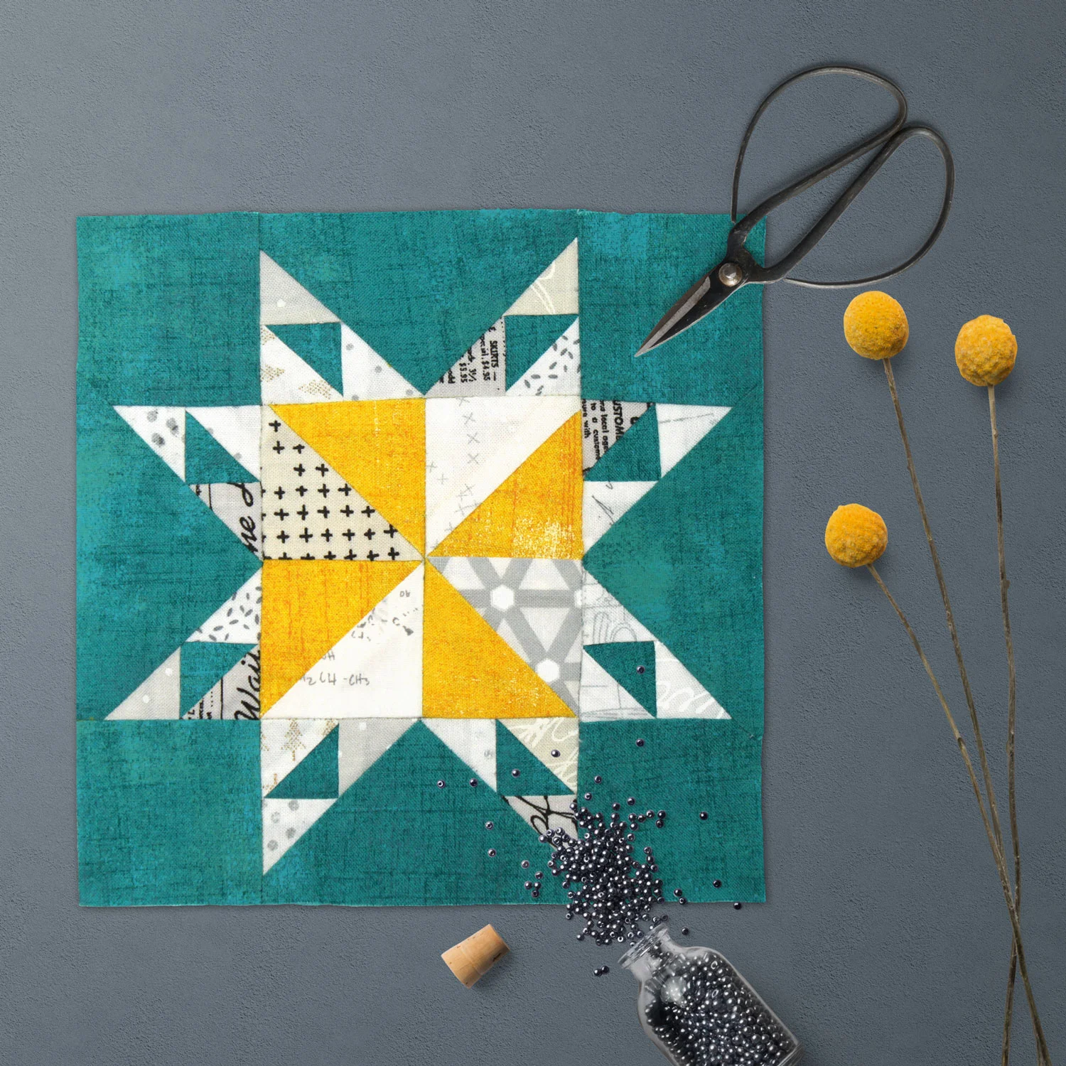 Free quilt along Blockheads 2018, Block 12: Jace's Star Fabrics used in the block are from Moda, Basic Grey GRUNGE and Zen Chic PAPER and MORE PAPER
