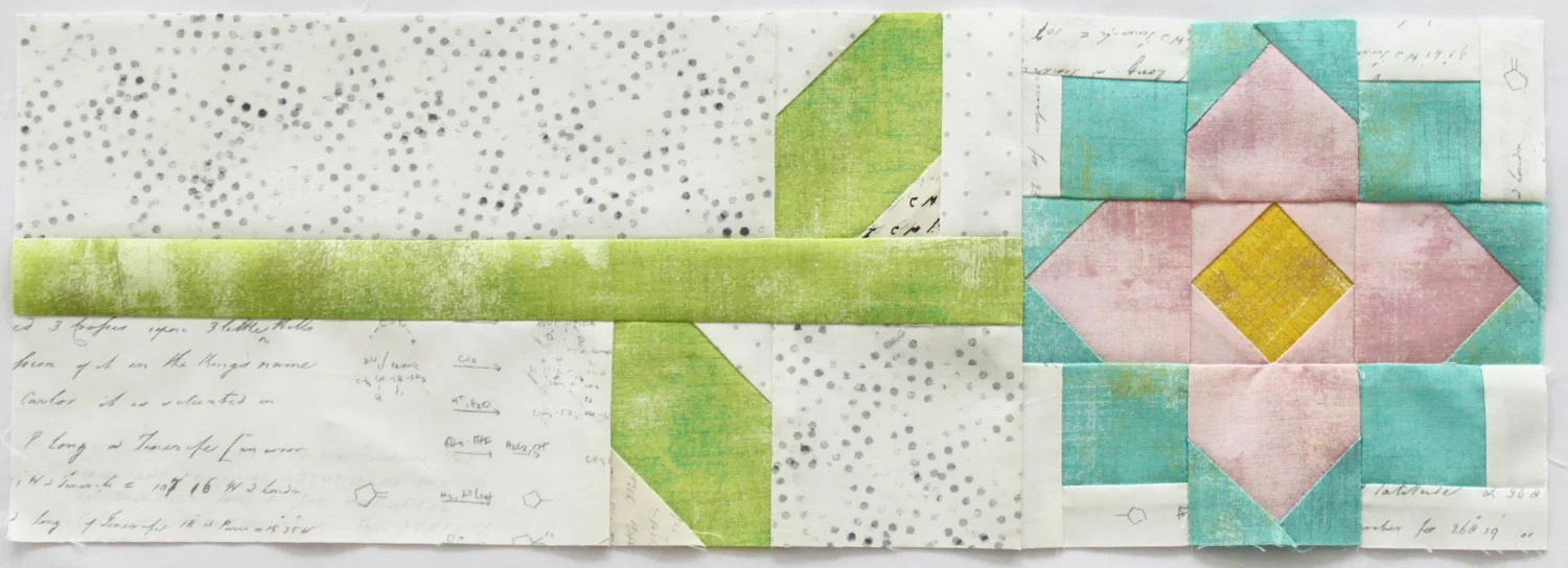 Free quilt along Blockheads 2018, Block 13: Patchwork Flower Fabrics used in the block are from Moda, Basic Grey GRUNGE and Zen Chic PAPER