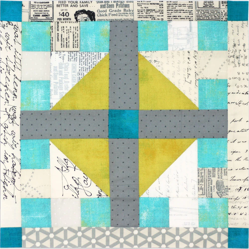 Free quilt along Blockheads 2018, Block 28: Lincoln’s Platform Fabrics used in the block are from Moda, Basic Grey GRUNGE and Zen Chic PAPER