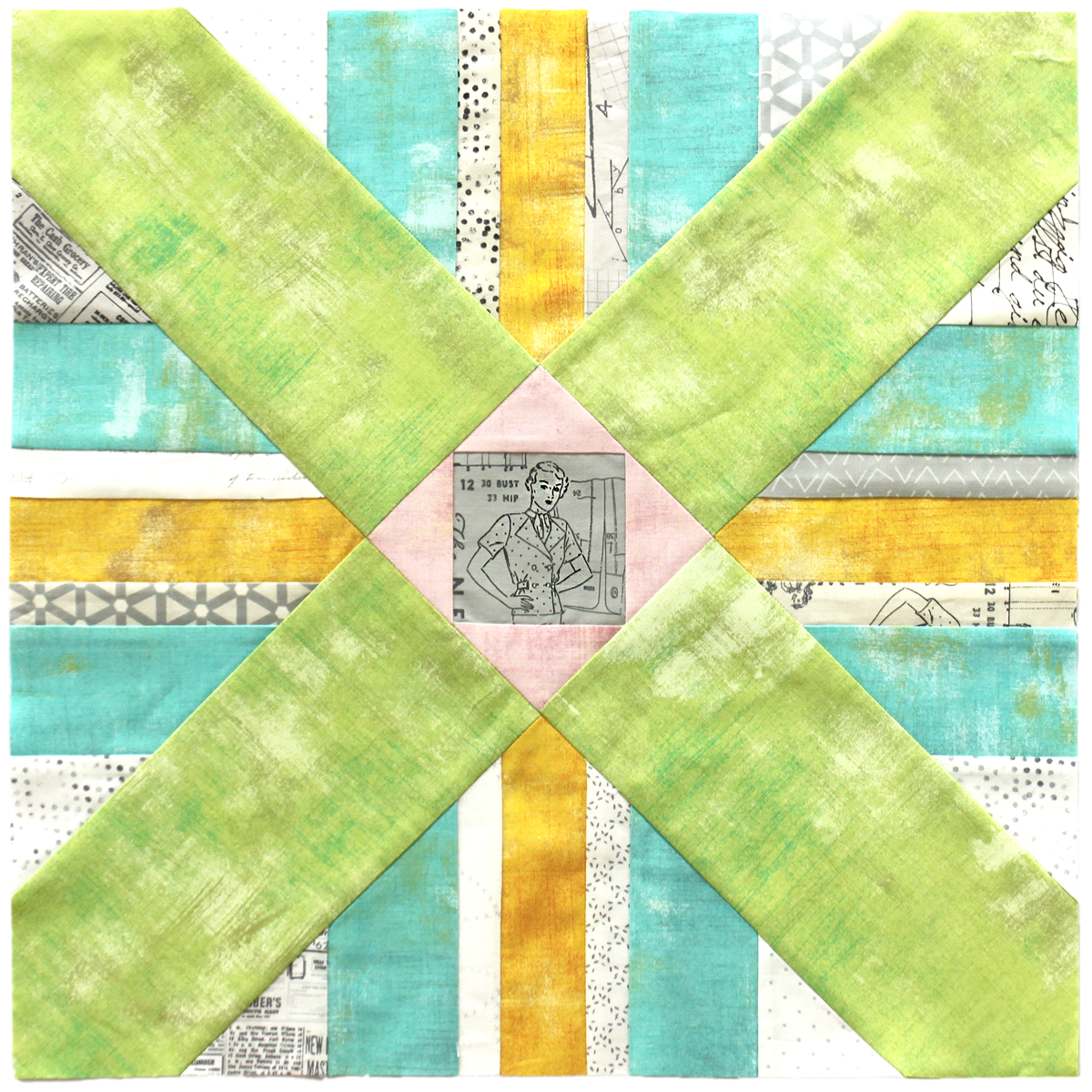 Free quilt along Blockheads 2018, Block 30: Gaudi Fabrics used in the block are from Moda, Basic Grey GRUNGE and Zen Chic PAPER